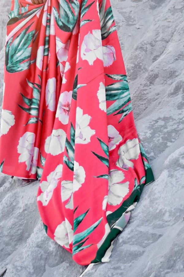 Thumbnail: Red Printed Satin Silk Saree