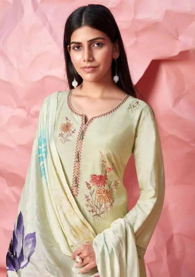 Thumbnail: Green Muslin Embroidered Suit Set Viscose Bottom, Dupatta Unstitched Suits