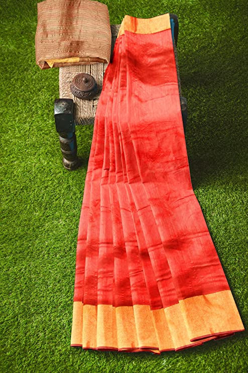 Thumbnail: Women's Cotton Silk Red Colour Saree With Golden Border and Unstitched Blouse