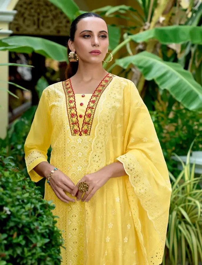 Thumbnail: Yellow Silk Chikankari Embroidered Readymade Pant Suits