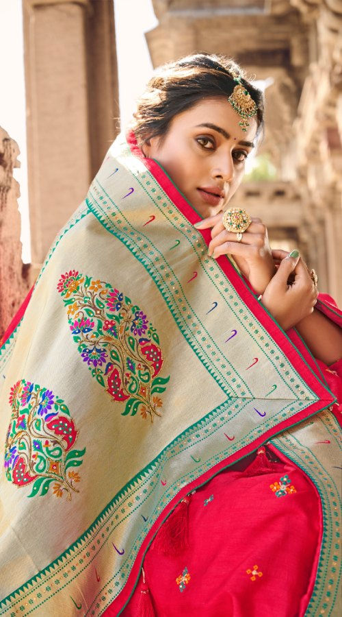 Thumbnail: Cherry Red Khatli Work Silk Saree With Designers Embroidered Blouse