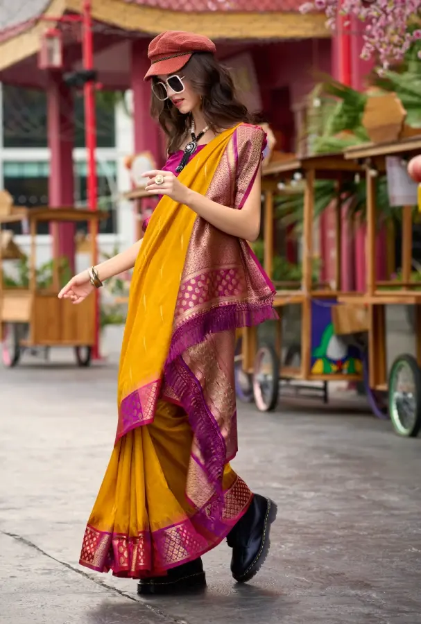 Thumbnail: Mustard Banarasi Silk Fabric Zari Woven Saree