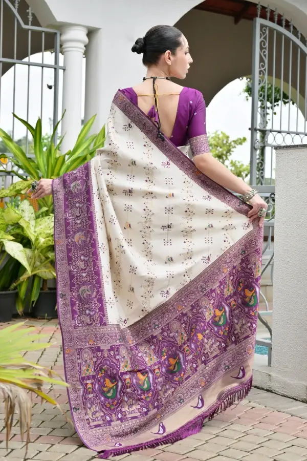 Thumbnail: Wine Banarasi Silk Patola Saree with Meenakari Thread Work
