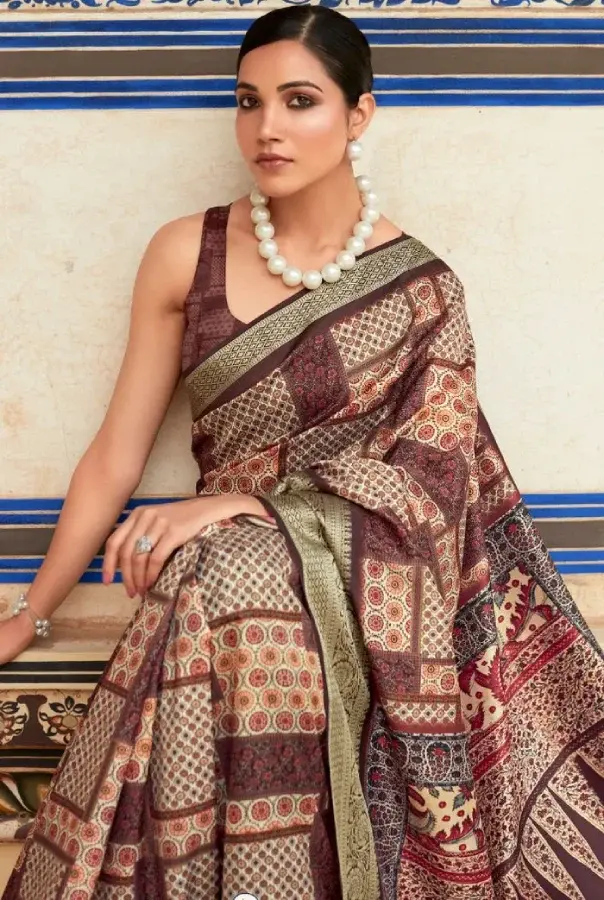 Thumbnail: Dark Brown Banarasi Printed Silk Saree