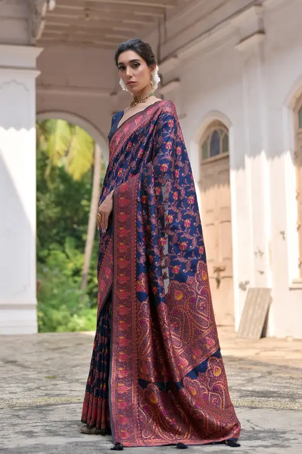 Thumbnail: Premium Navy Blue Pashmina Silk Saree | Woven Banarasi Saree