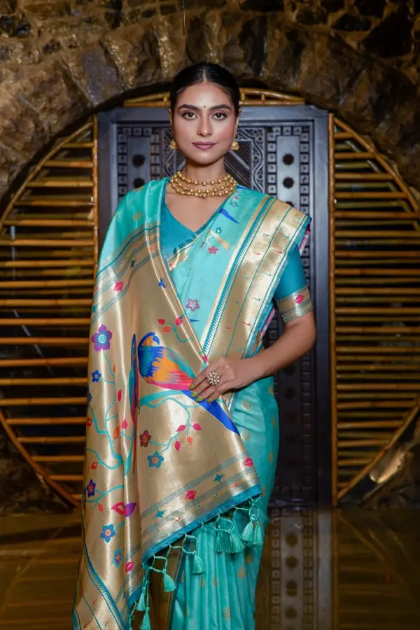 Thumbnail: Firozi Woven Paithani Silk Saree