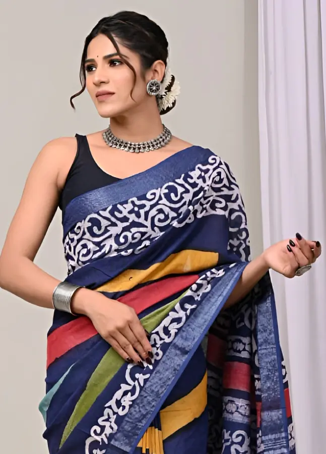 Thumbnail: Blue And Multicolor Pure Handloom Soft Cotton Saree