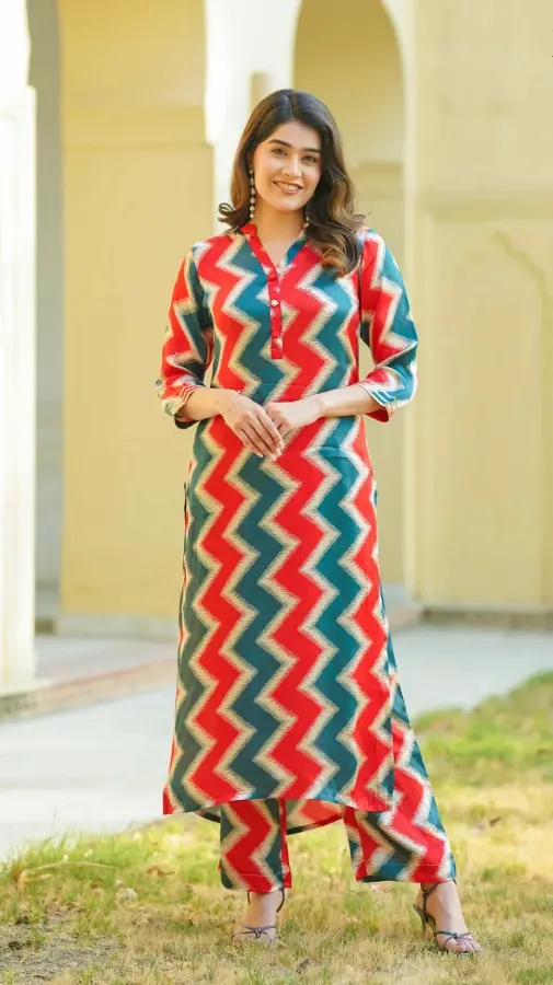 Thumbnail: Zig Zag Printed Pure Muslin Silk Pakistani Suit in Red and Dusty Blue