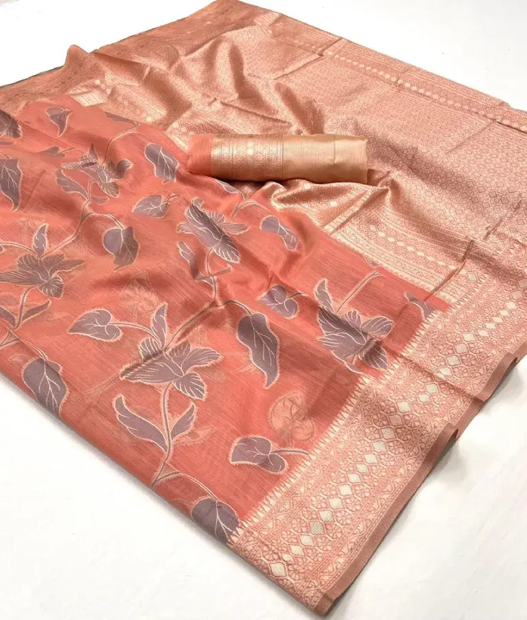 Thumbnail: Peach Woven Banarasi Linen Saree