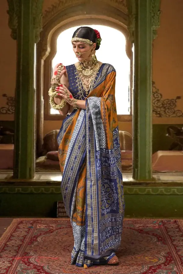 Mustard Purple Printed Patola Silk Saree