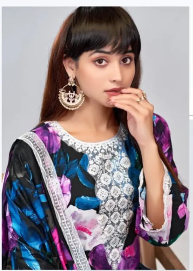 Thumbnail: Elegant Black Floral Print Suit with Embroidered Neckline – Premium Lawn