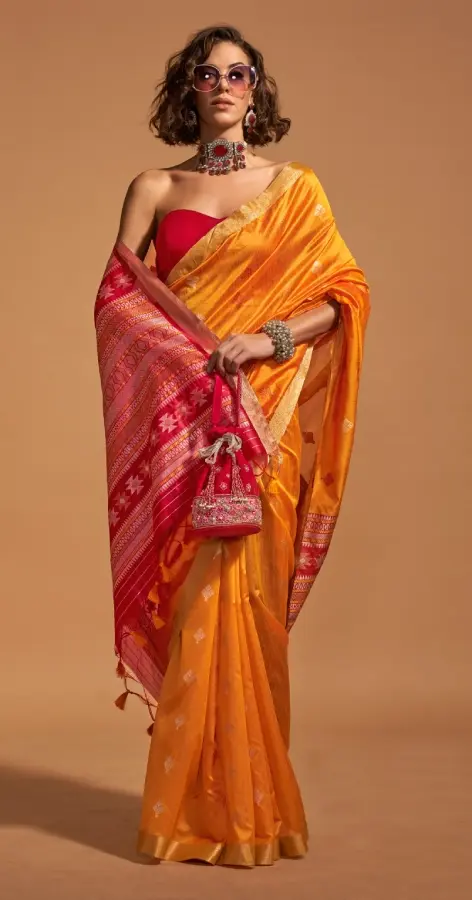 Orange Banarasi Silk Saree With Blouse Piece