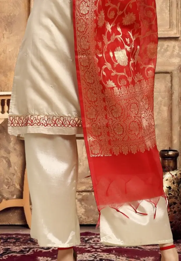 Thumbnail: Golden yellow Chanderi Silk Embroidered Unstitched Kurta with Trouser