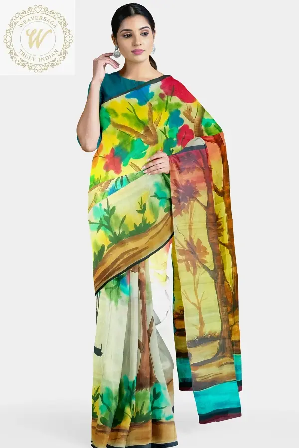 Thumbnail: Exquisite Hand Painted Silk White Yellow Saree