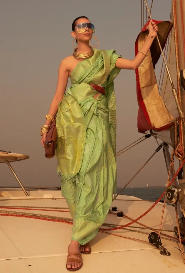 Olive Green Pure Banarasi Satin Silk Saree