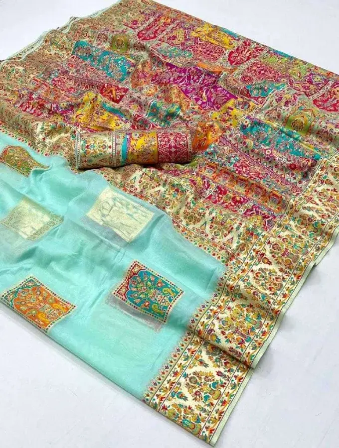 Thumbnail: Women's Aqua Blue Kashmiri Modal Handloom Saree