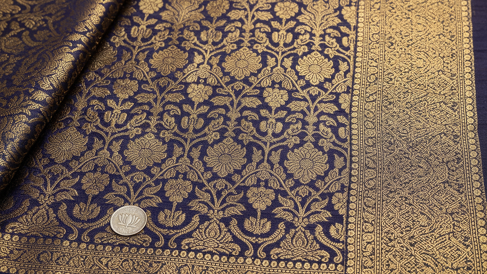Close-up view of handwoven Banarasi silk fabric with gold zari work