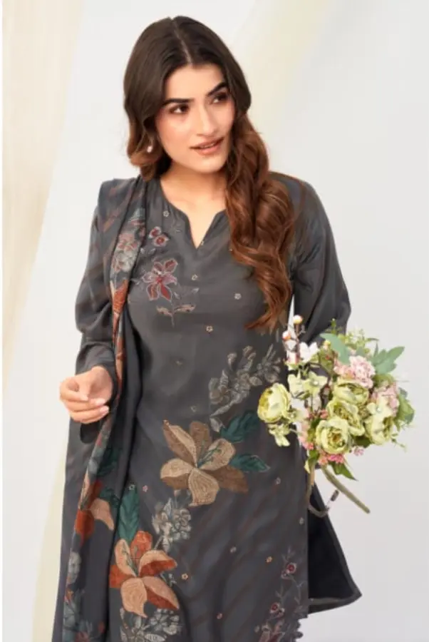 Thumbnail: Elegance in Every Thread – Grey Pure Viscose Muslin Embroidered Salwar Suit