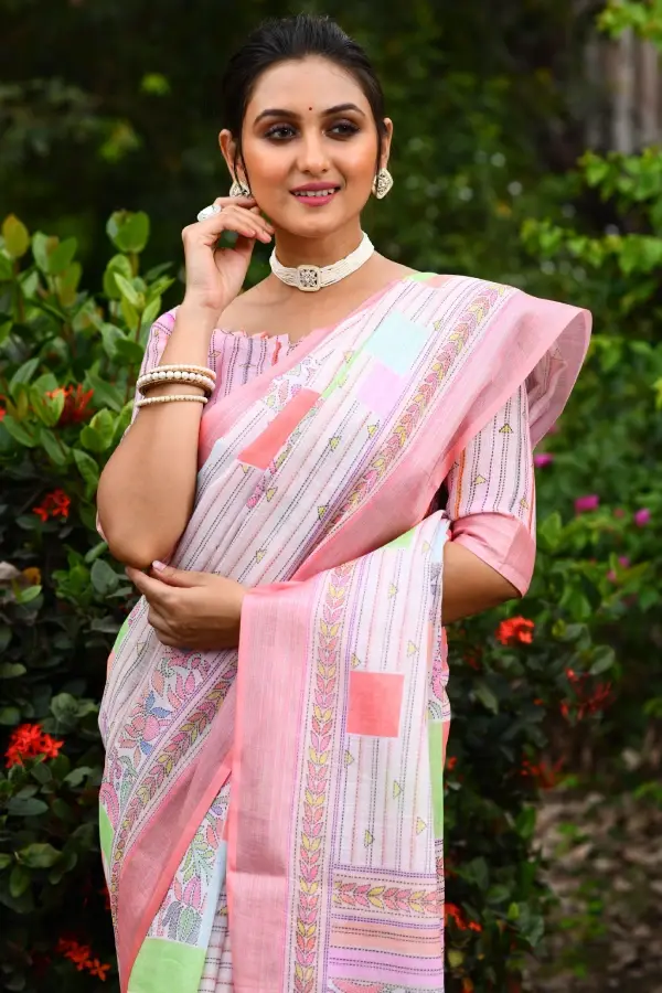 Thumbnail: Pink Jamdani Linen Saree
