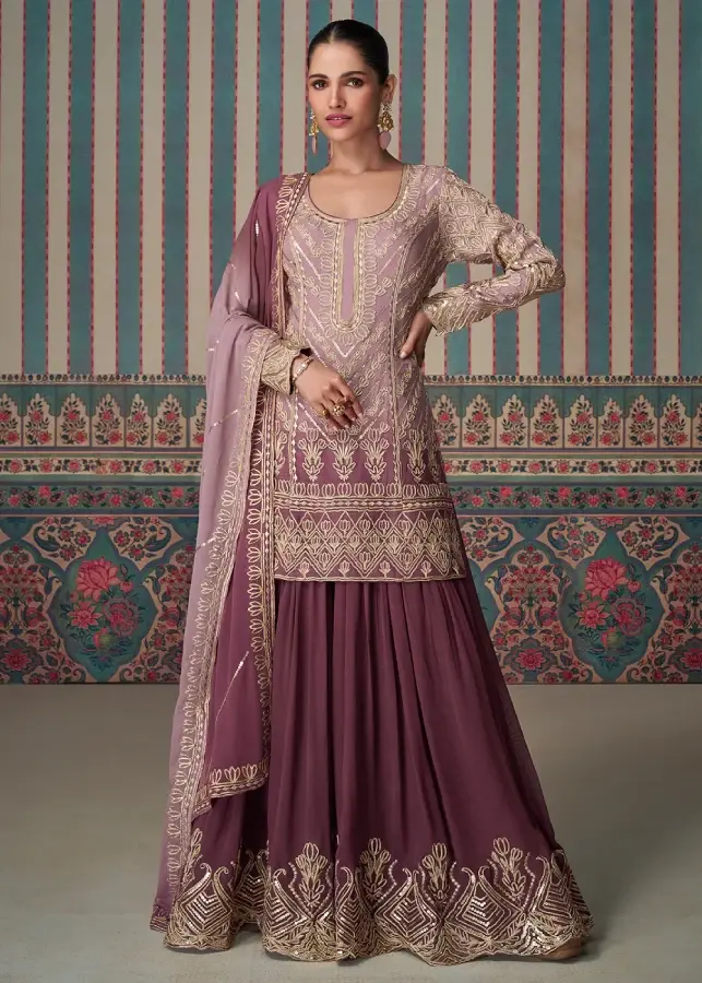 Pink & Peach Embroidered Gharara Suit – Georgette with Zari Work