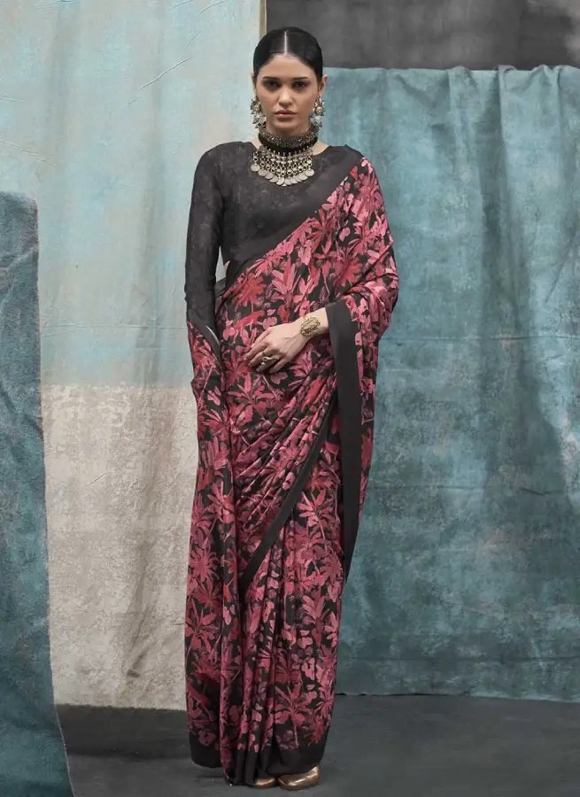Thumbnail: Black and Red Digital Printed Pure Silk Crepe Saree