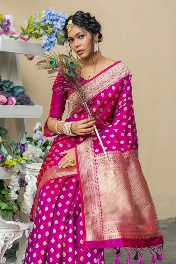 Thumbnail: Wine Embellished Weaving Work Banarasi Silk Saree