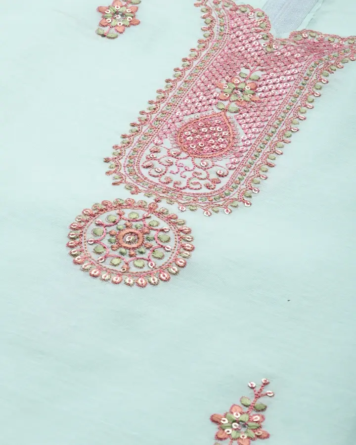 Thumbnail: Women's Turquoise Chanderi Silk Embroidered Unstitched Kurta with Trouser
