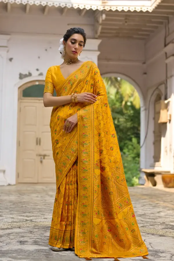 Thumbnail: Premium Yellow Pashmina Silk Saree | Woven Banarasi Saree