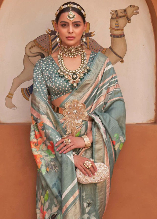 Thumbnail: Women's Moss Green Designer Blend Floral Ethnic Motif Zari Silk Saree