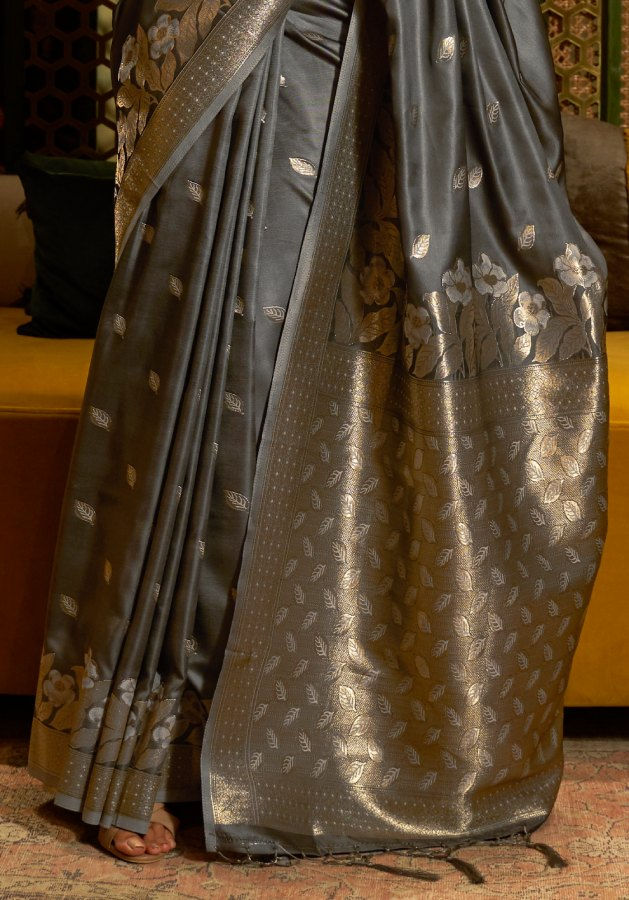 Thumbnail: Women's Grey Woven Satin Saree With Tassels