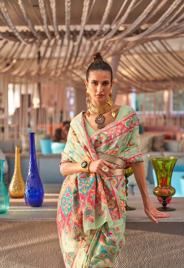 Thumbnail: Pista Green Woven Kashmiri Cotton Saree