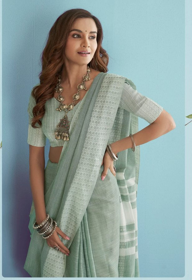 Thumbnail: Green Soft Linen with Chikankari Weaved Border Saree