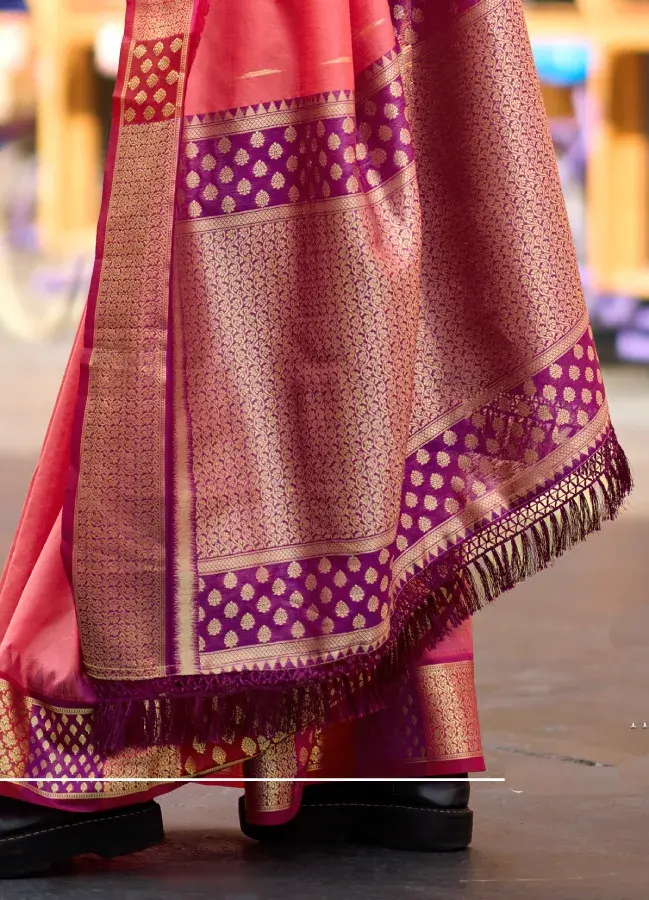 Thumbnail: Peach Banarasi Silk Fabric Zari Woven Saree