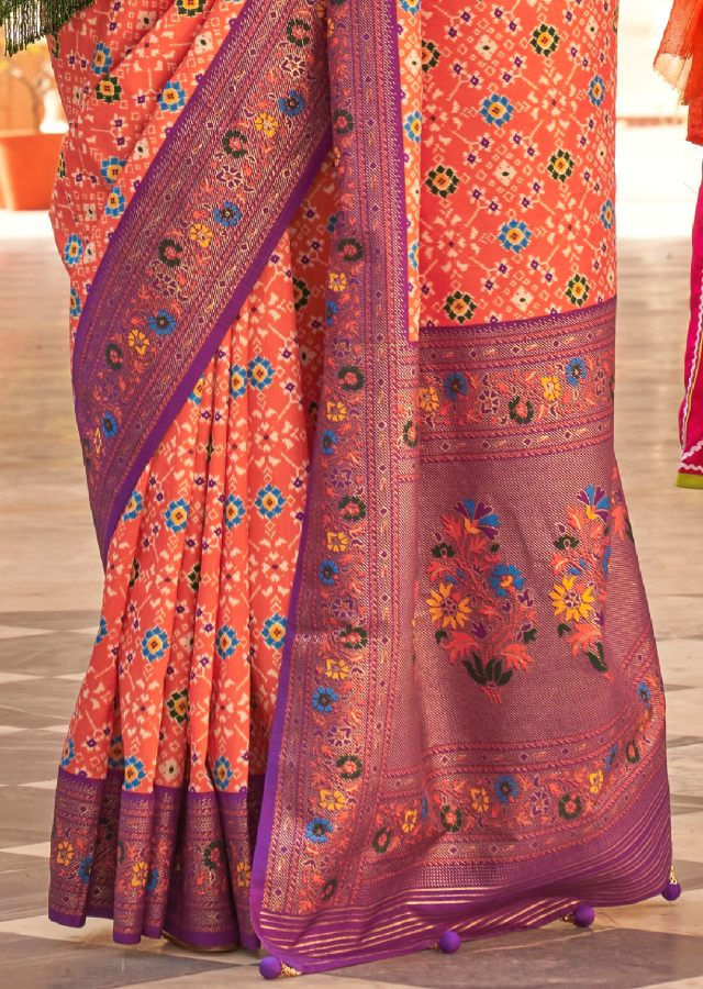 Thumbnail: Women's Peach Printed Patola Paithani Silk Saree