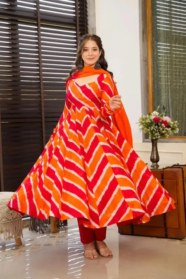 Orange and Red Leheriya Printed Soft Organza Anarkali Stitched Suit