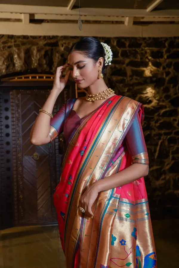 Thumbnail: Wedding Red Woven Paithani Silk Saree