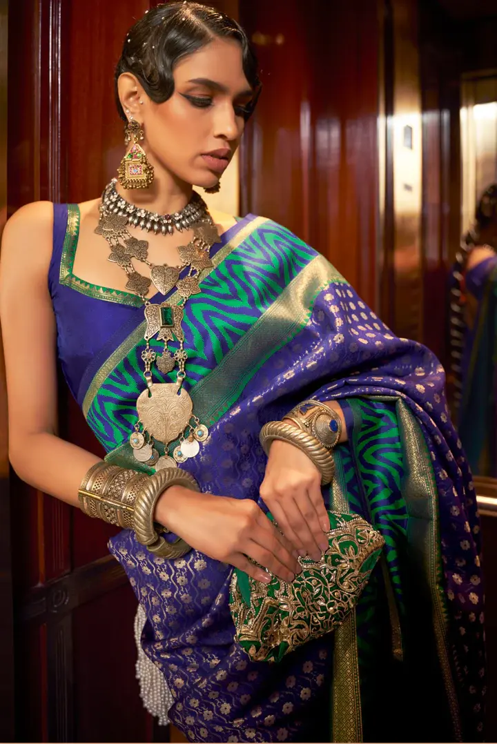 Thumbnail: Blue Soft Kanjivaram Silk Saree With Coral Ikkat Border and Pallu