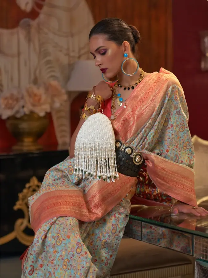 Thumbnail: Sea Green Kashmiri Chaap Handloom Weaving Saree