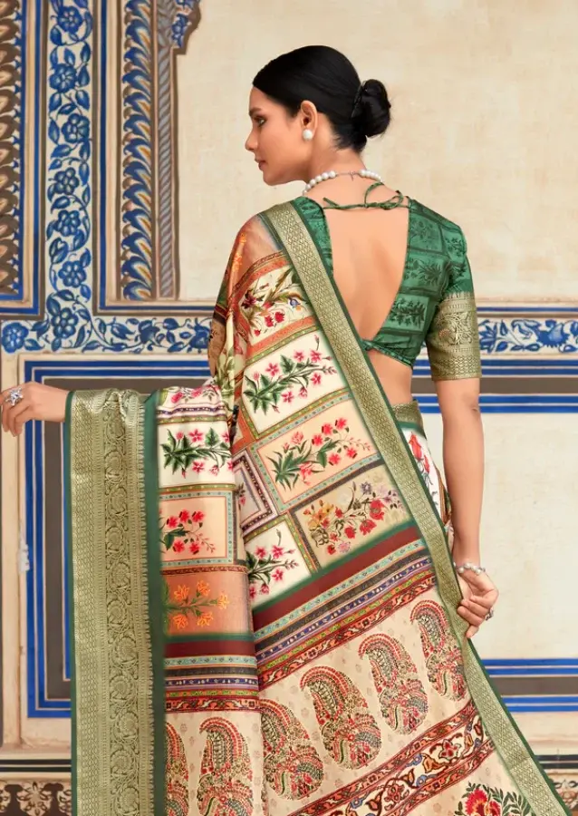 Thumbnail: Green and Cream Banarasi Printed Silk Saree