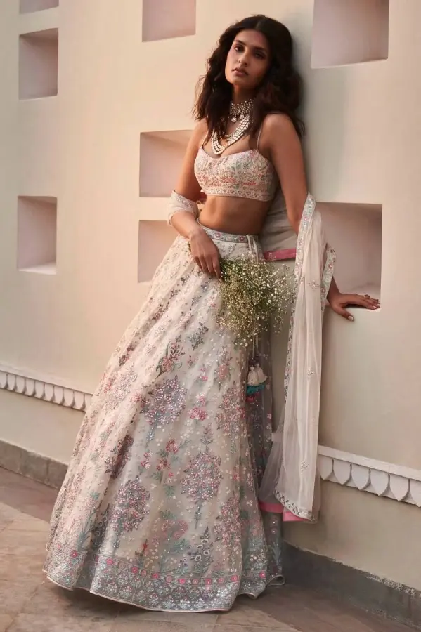 Thumbnail: Embroidered Georgette Off White Lehenga Choli Set