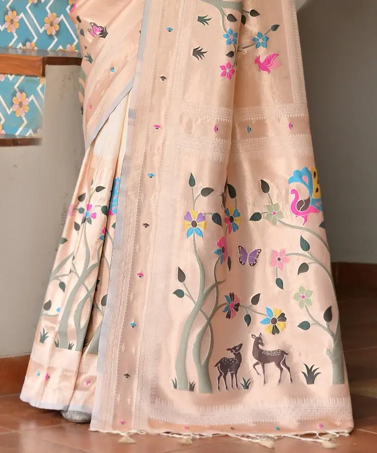 Thumbnail: Cream Paithani Silk Saree with Meenakari Weaves &amp; Pure Zari Big Border