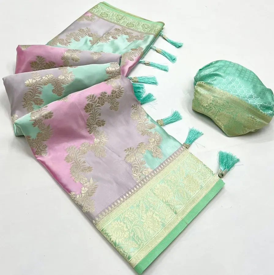 Thumbnail: Sea Green Floral Woven Satin Saree With Tassels