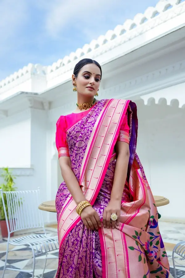 Thumbnail: Women's Purple Meenakari Zari Woven Paithani Silk Saree