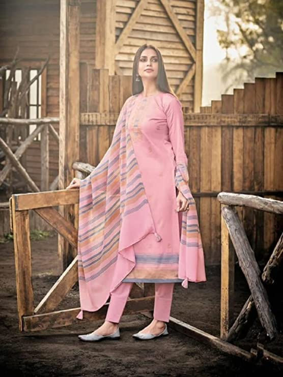 Thumbnail: Women's Pink Cotton Silk Printed Unstitched Dress Material