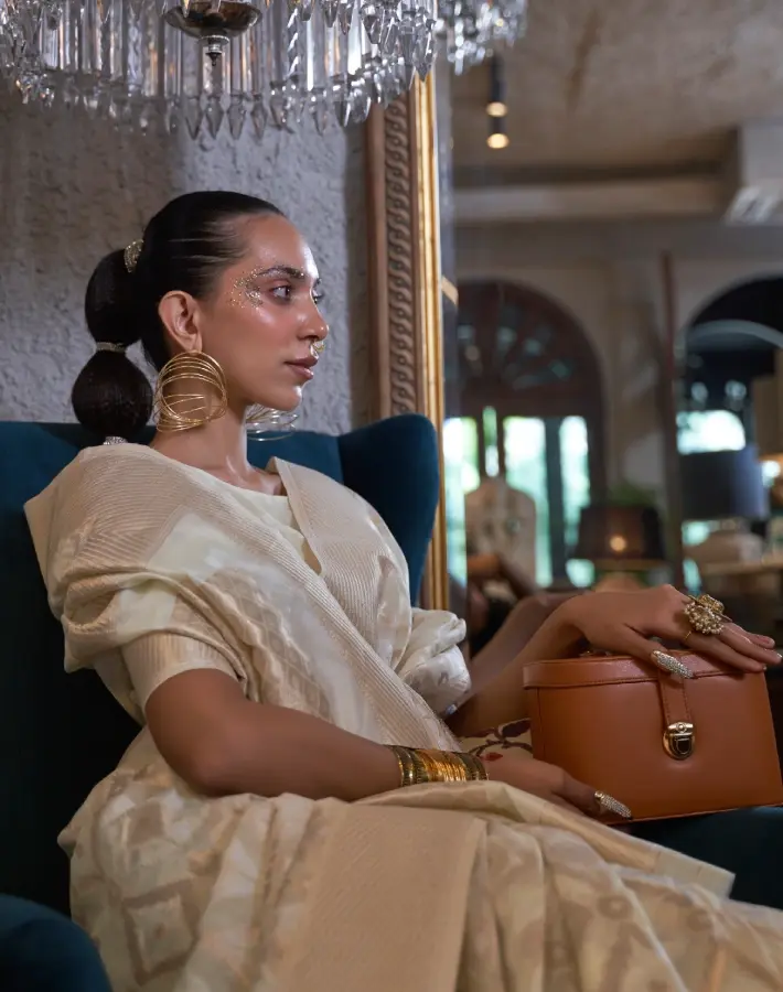 Thumbnail: Off White Woven Banarasi Linen Silk Saree