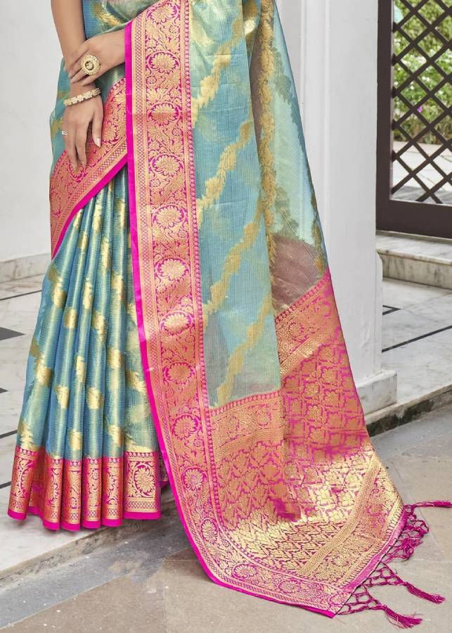 Thumbnail: Light Blue Zari Woven Organza Tissue Silk Saree