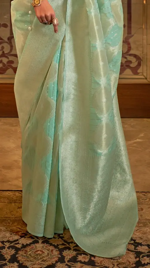 Thumbnail: Mint Green Zari Woven Banarasi Saree – Luxurious Silk Blend
