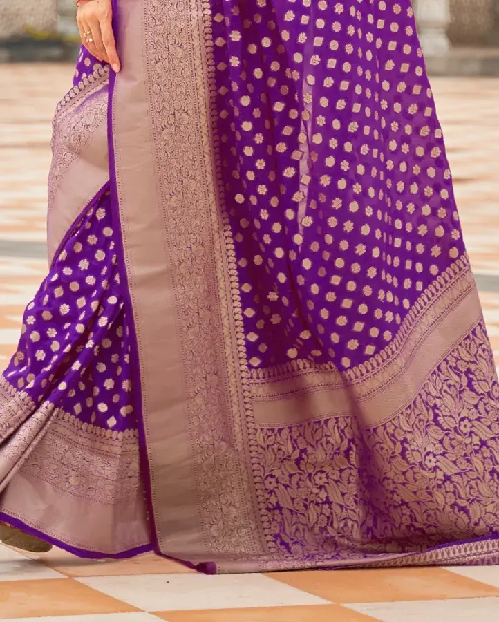 Thumbnail: Purple Khaddi Georgette Polka Dot Banarasi Saree