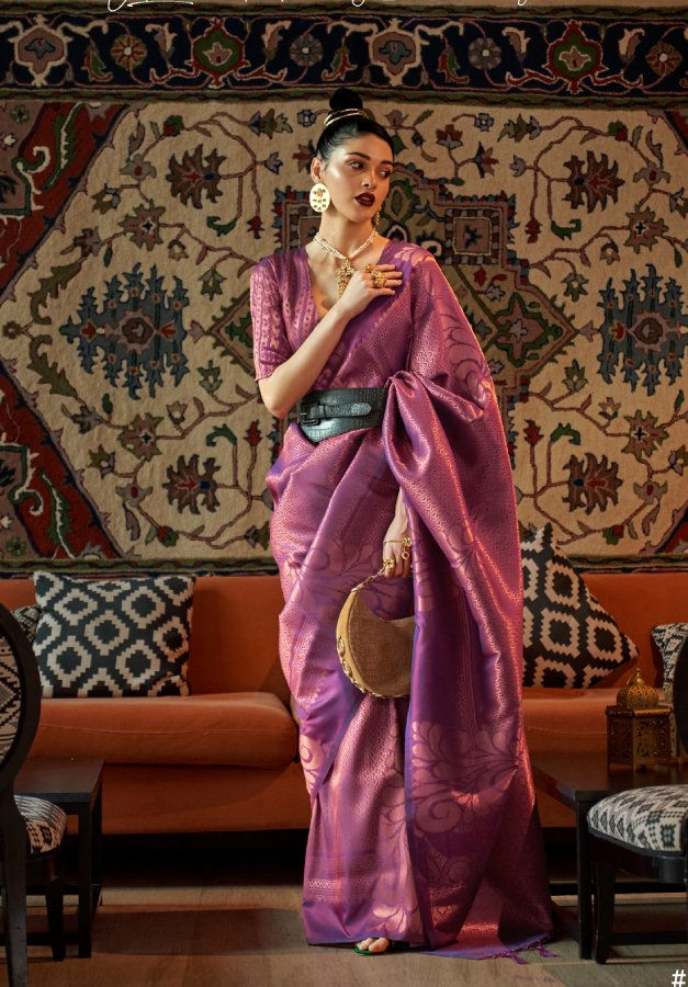 Thumbnail: Women's Purple Soft Silk Kanjivaram Woven Designer Bordered Saree