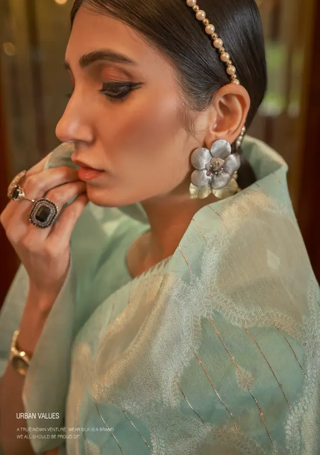 Thumbnail: Mint Green Zari Woven Banarasi Saree – Luxurious Silk Blend